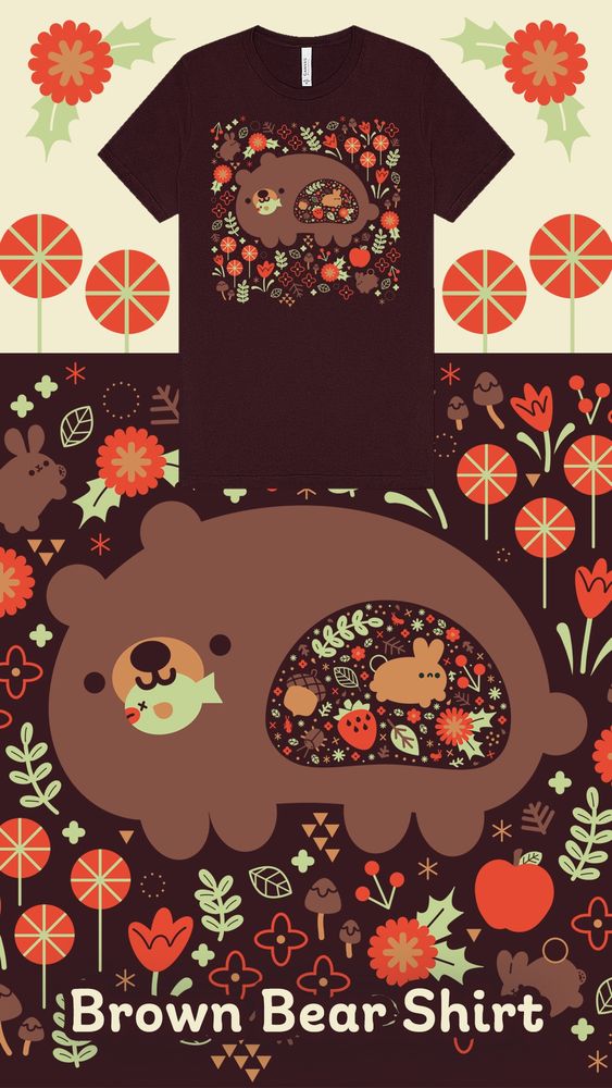 illustrative mock up of a dark brown t-shirt with the design of a cute brown bear eating a fish, with the bear's stomach showing other things it has eaten: a rabbit, nuts, fruits, vegetation, and bugs. the bear is surrounded by flowers, mushrooms, vegetation, berries, an apple, and two more bunnies. the color palette is brown, green, and red. the shirt has a folk-art feel to it. 