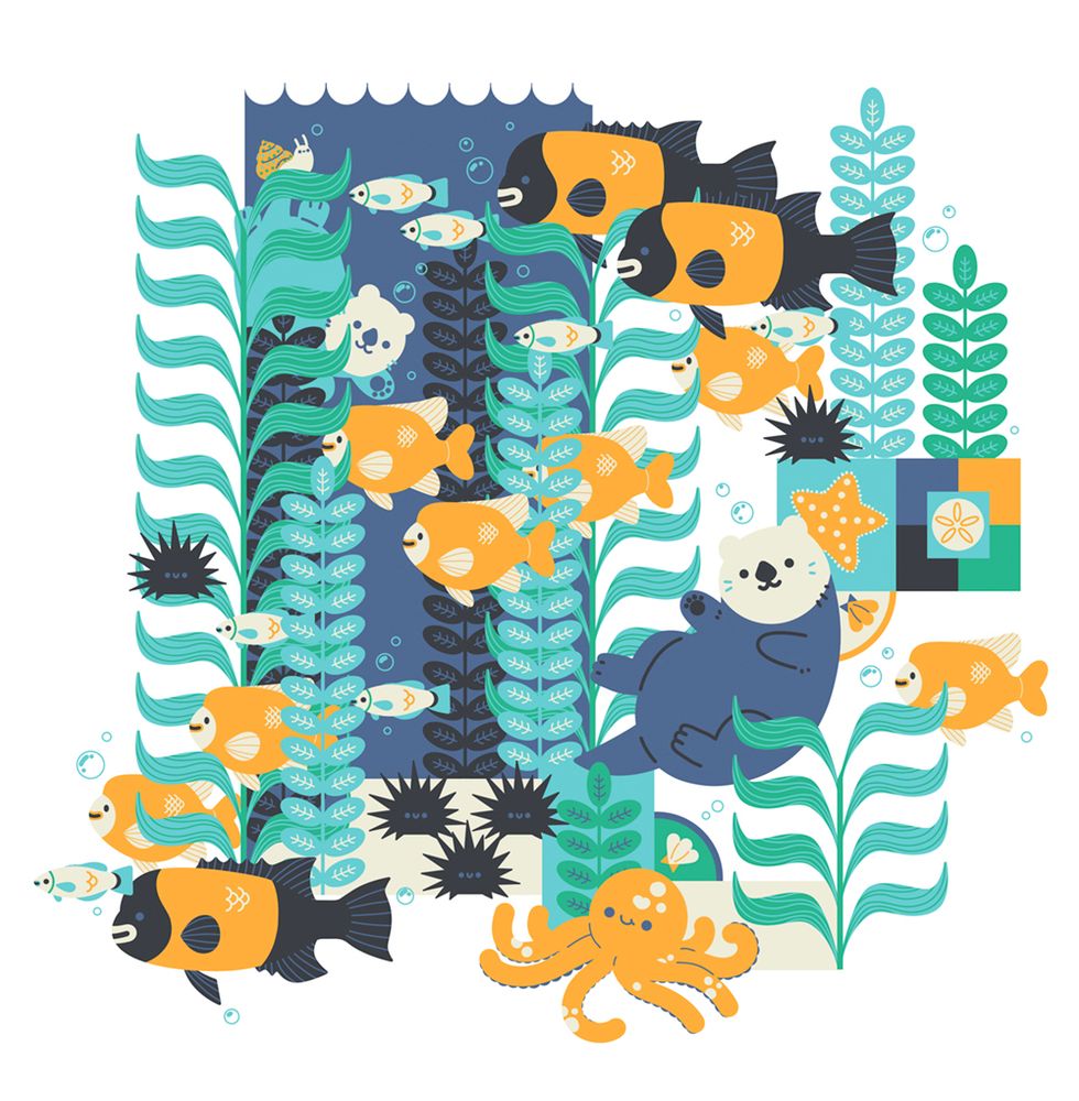 a blue, orange, and green illustration of a kelp forest featuring otters, fish, urchin, and an octopus 