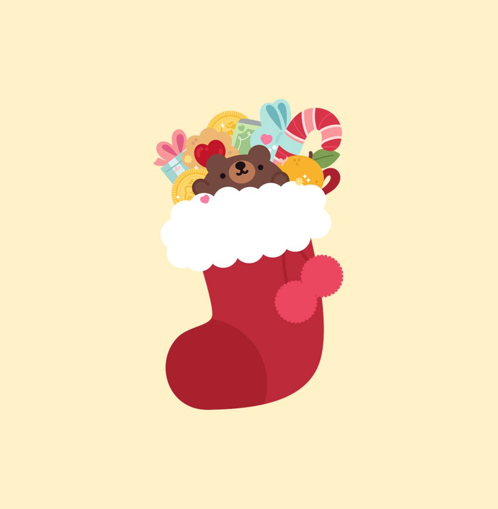 illustration of a red christmas stocking, filled with food and presents and a little brown bear 