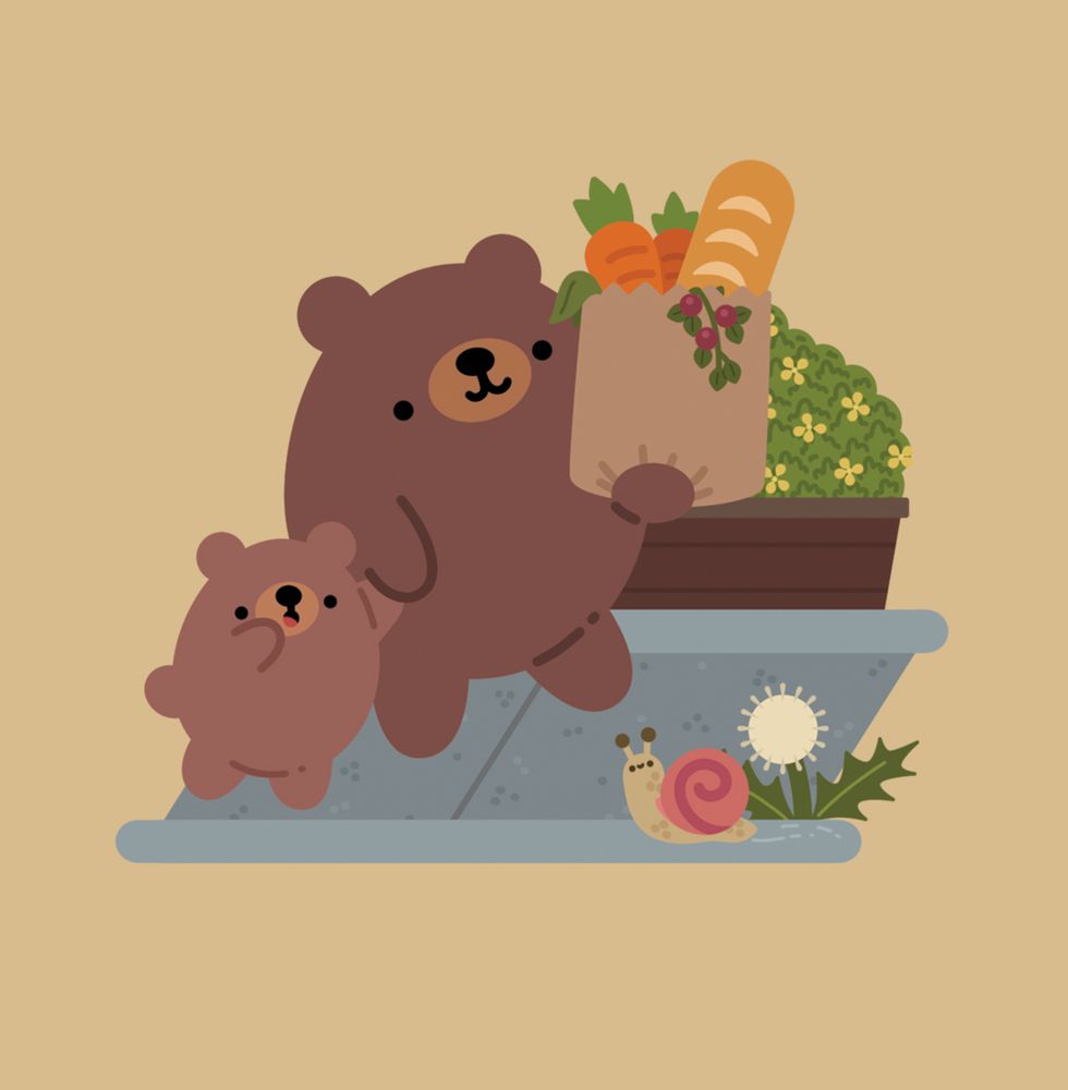 illustration of a cute brown mama bear holding a grocery bag with carrots, bread, and berries escorting a cute brown baby bear who looks on in awe at a snail. they walk down a sidewalk that has a flowering bush in a planter and a dandelion growing from the cracks of the sidewalk. the mama bear holds the baby bears hands because you know the second she isn't paying attention, that kid will be running off to the snail 