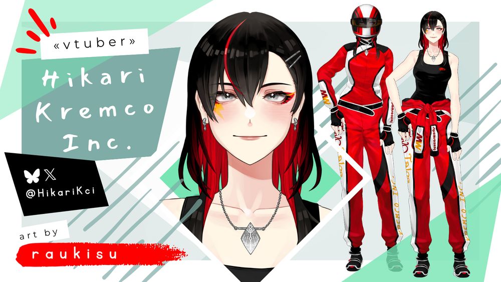 A graphic showcasing a Live2D model for the VTuber Hikari Kremco Inc. She is a tall, slim woman with a red highlight and red lowlights. She has silver eyes and makeup on the right eye that extends to a lightning bolt on her cheek. She is dressed like a car racer and has an alternate toggle that reveals her tank top underneath, all in red and black. She is wearing a silver necklace and earrings.

The labels on the graphic display her name, Hikari Kremco Inc., her BlueSky and X handle, @HikariKci, and a small tag that says "art by raukisu."