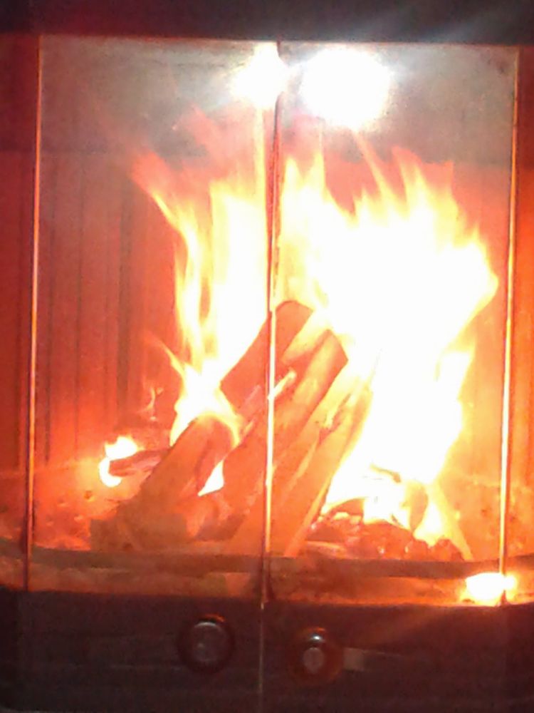 Zu sehen ist ein Kamin,  dessen Türen geschlossen sind. Das aufgestellte Holz ist von lodernden Flammen umgeben.  