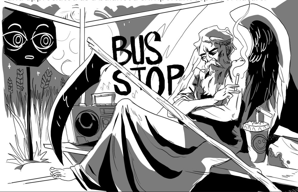 death / Saturn sits a a bus stop. he is surrounded by fast food and smokes a cigarette while his 80s style boom box is pointed at him casting strange music at his robed, unshod foot.