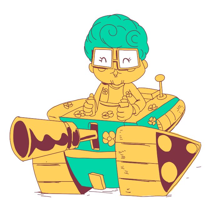 Grandma piloting a floral tank. would look great on a mug i think. based on the character from the game company Wallride. game dev. videogames