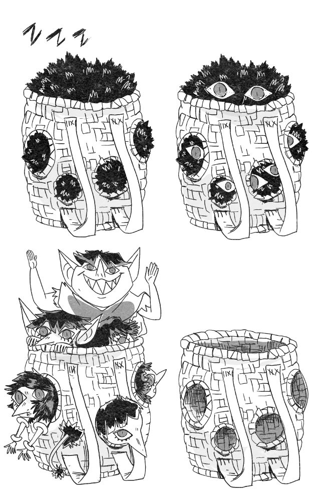 the child goblins awaken and depart.