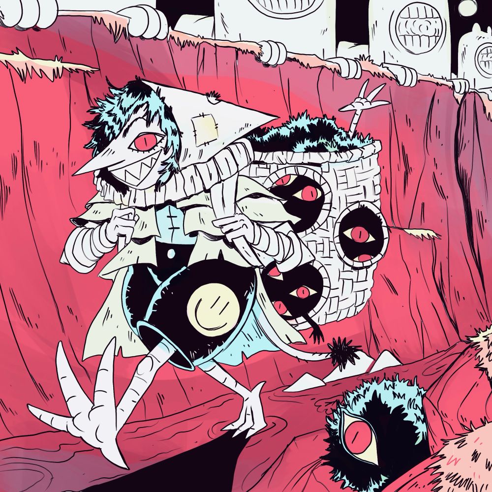 A monster with chicken feet and red eyes carries a basket full of her babies through a strange red canyon. Eyeless sphinxes watch from above open mouthed.