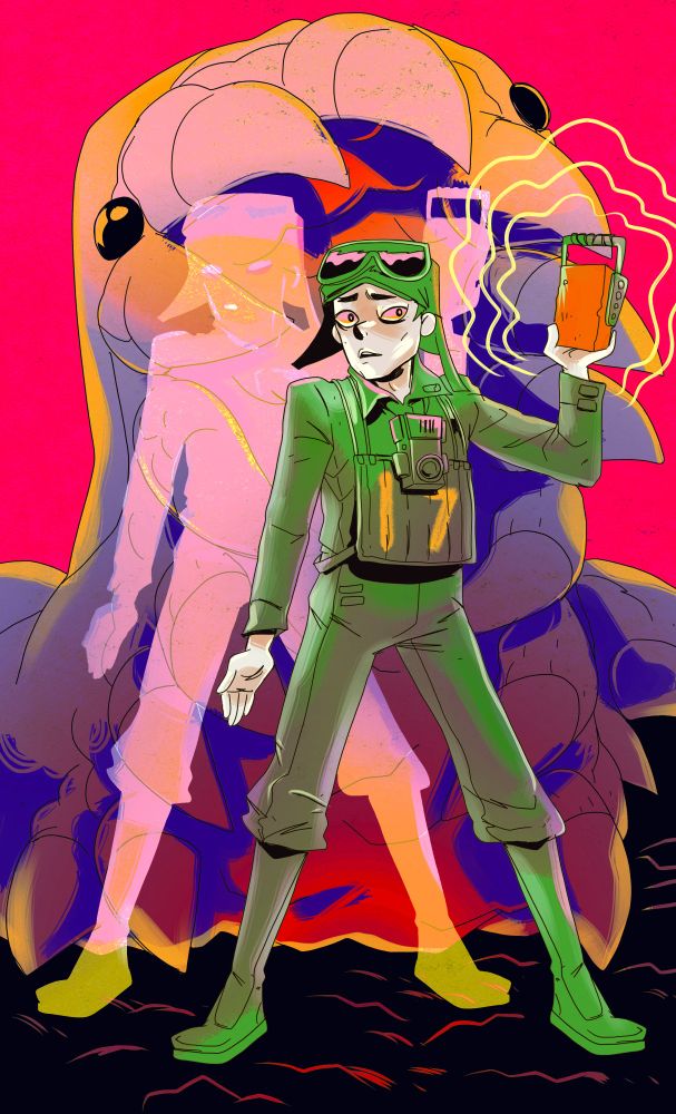 an illustration of mickey 17 characters. 17 holds a science fiction brick emanating strange vibrations. a spectral double stands behind him in between him and one of the native residents of his new home. 

#art #fanart #sciencefiction 
