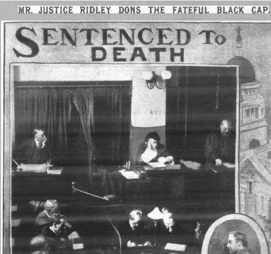 Under headlines "Mr. Justice Ridley Dons the Fateful Black Cap" and "SENTENCED TO DEATH" in larger print, black/white photograph inside courtroom, showing Judge in long wig wearing black cap on top of his long wig, looking at papers. Clerks/court officials on either side of judge, other officials sitting at table below, more men on the left of photo with papers in front of them - possibly the jury.