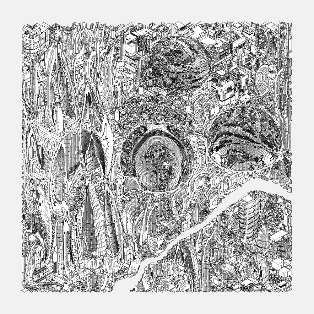 A generative composition/close packing of white voxel structures on a grey background. The structures are generated by three different recipes: shell and leaf shapes, noisy turbulent spheres looking like planetary cloudscapes, and subdivided block architectural volumes.