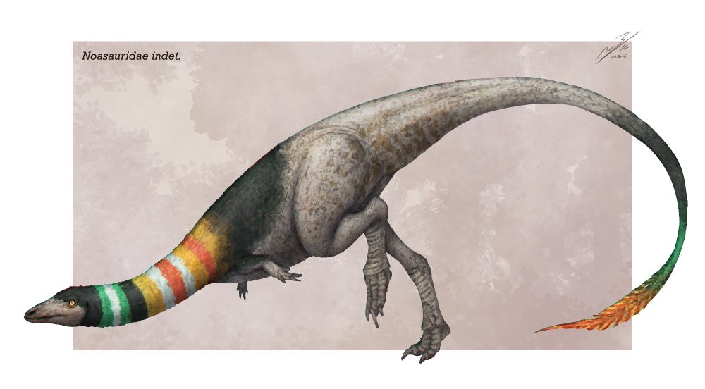 Small noasaurid - it has dark green fuzz on the front half of its body adorned with teal, white, yellow, and orange stripes. On the tail, these colours are mirrored.
