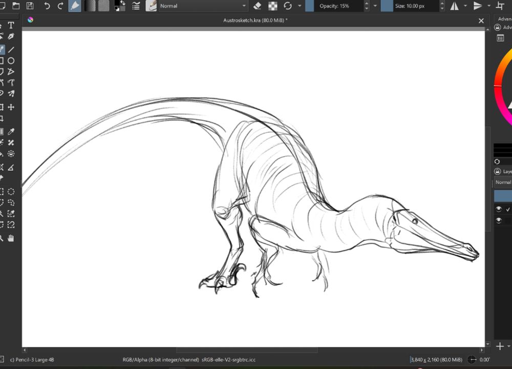 Very loose sketch of a theropod dinosaur leaning down
