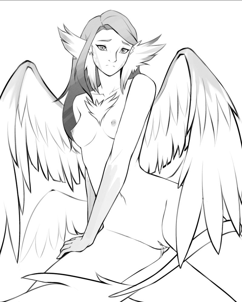 A sketch of a character concept of Rachel Amber from Life is Strange as a harpy, originated from @GlacierClear.  She is sitting down while her hand is resting on her leg, her wings are framing around her body as well as her tail.