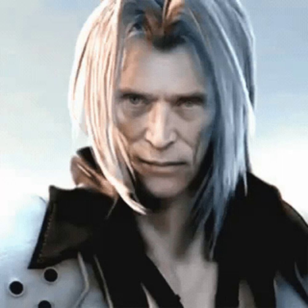 a man with long white hair and a black jacket is looking at the camera with a serious look on his face .