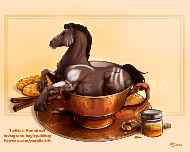 A small brown feral horse with white markings rests in a brass-colored cup of orange and cinnamon tea.