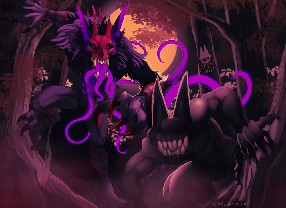 Two monsters hunting together under the soft orange light of the blood moon! 