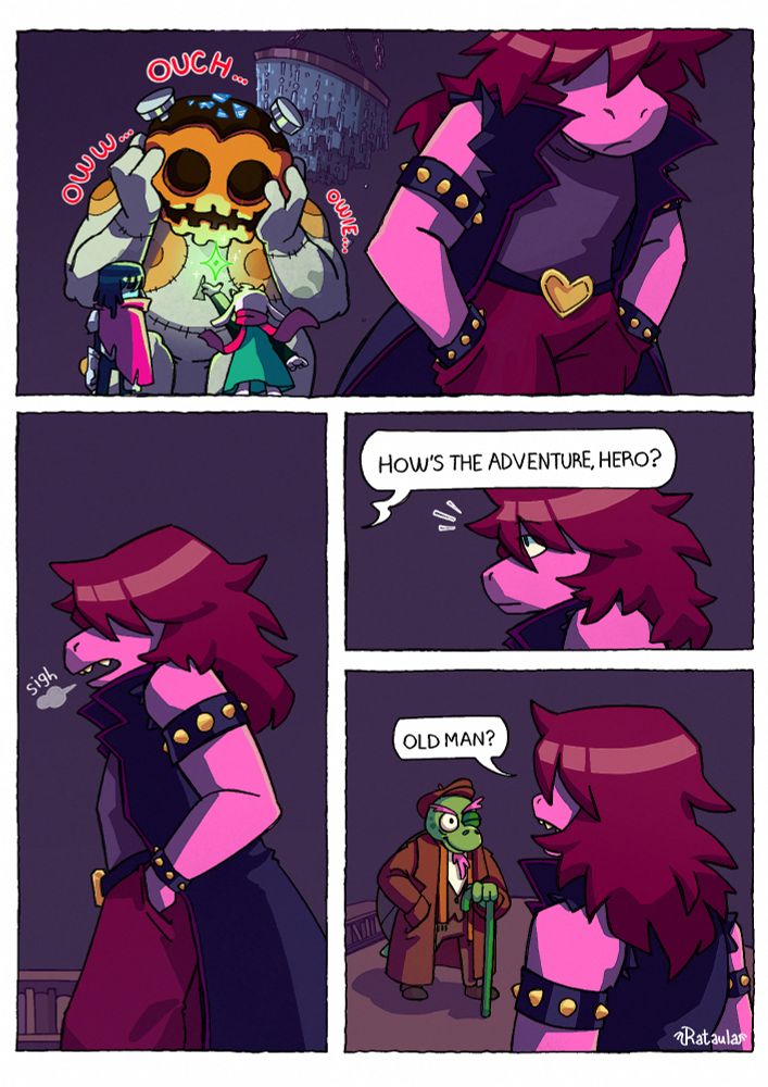 Comic based on Deltarune Chapter 4 (page 1): as Ralsei and Kris attempt to heal Jackenstein, Susie walks away feeling dejected but runs into Gerson, who asks her how the adventure is going. 