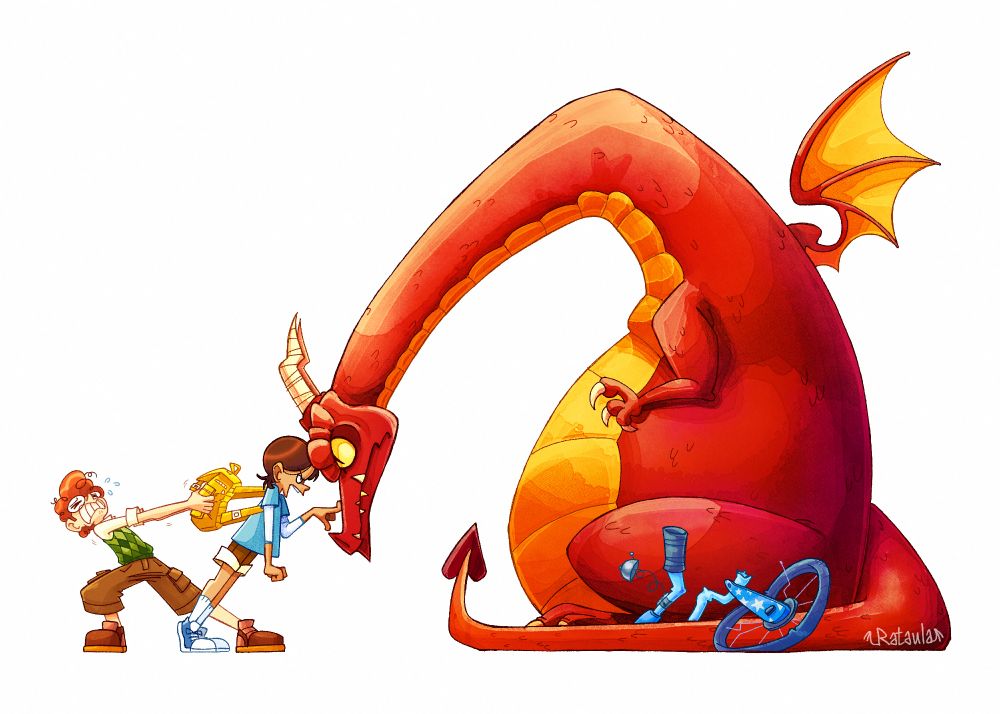 Digital illustration of a young girl angrily telling off the dragon that just crushed her bike while her friend attemps to pull her away 