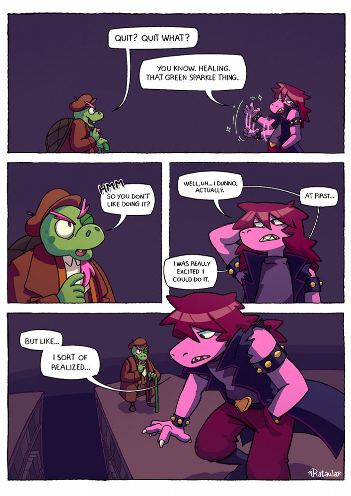 (Page 3): Susie says she is going to stop practicing healing magic even tho she used to be really excited about being able to do it. As she turns towards the edge of the bookcase they are standing on, she tells Gerson she realized something. 