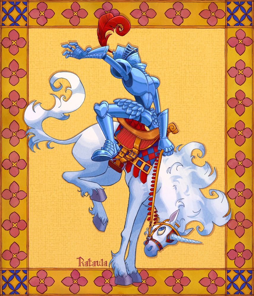 Digital illustration of a unicorn bucking off the knight in armor riding on its back 