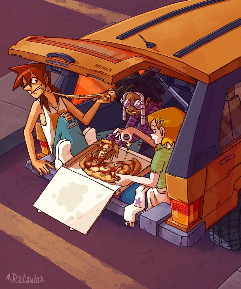 Digital illustration: three characters sit in the trunk of a car, sharing a mushroom pizza for dinner. 
