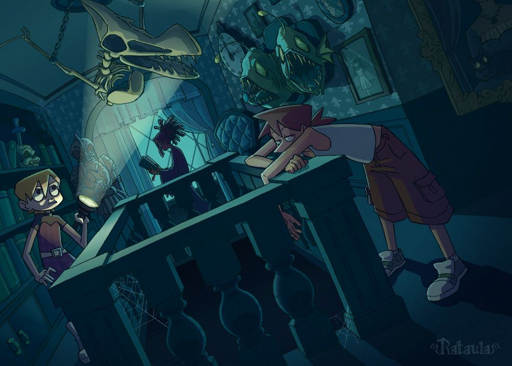 Digital illustration of Mira, Isa and Viola (oc's) exploring a spooky abandoned mansion filled with oddities. Mira shines her flashlight towards the pterodactyl skeleton hanging from the ceiling while Isa leans over a railing and boredly makes eye contact with the painting behind her. In the background, Viola reads an old book by the moonlight shining through the large window. 