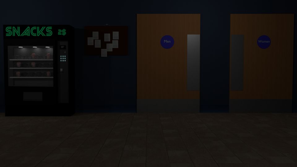Snack machine next to two bathrooms and a bulletin board