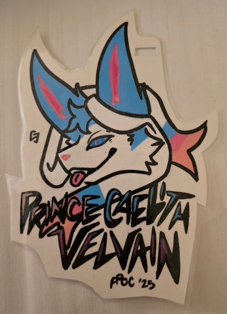 A traditional painted badge of a Shiny Sylveon named Caelith. He has a smug pose, looking at the viewer from the side. His eyes are pink and blue swirls to entrance the viewer.