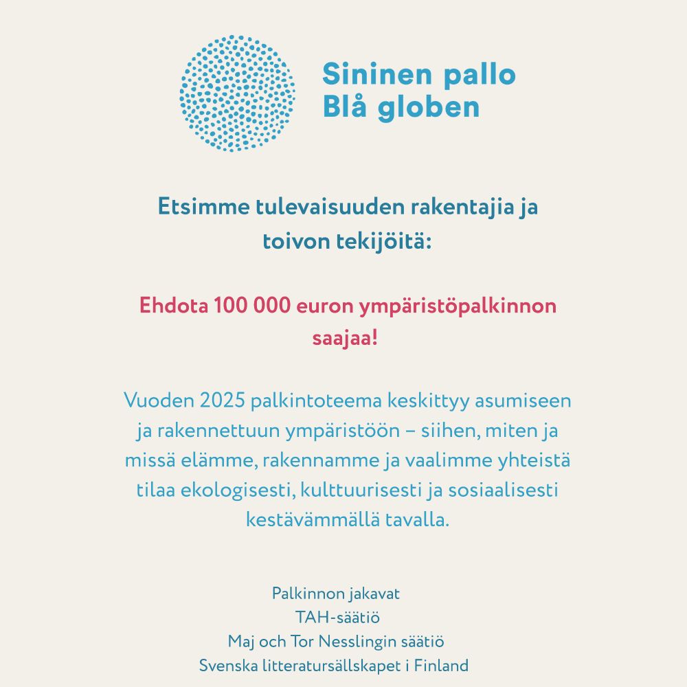 Ilmoitus ympäristöpalkinnon palkintoteemasta ja kehoitus ehdottaa voittajaa 4.6.2025 mennessä