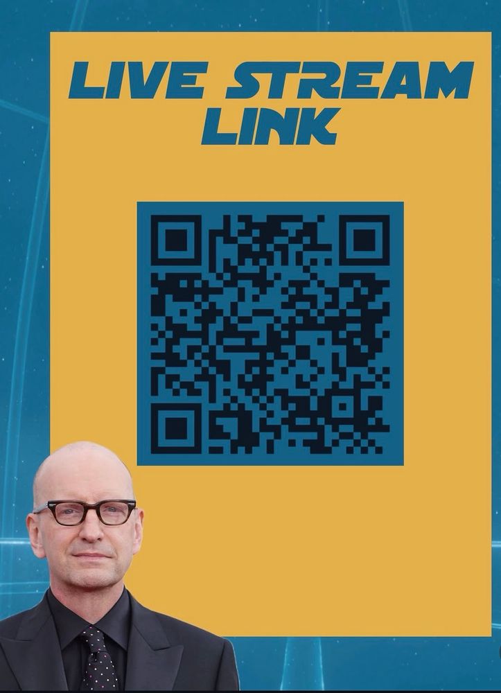 A second promotional graphic featuring a large yellow box with the text “LIVE STREAM LINK” at the top. Below is a large dark-blue QR code. At the bottom left is the same bald man in glasses and a suit, cropped from mid-torso upward. The background is blue with faint lines and light flares.