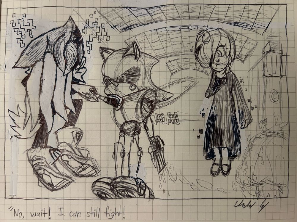 A sketch of Metal Sonic strangling Infinite the Jackal with one hand while Sage Robotnik watches in amused curiosity. They are in the Shadow Generations version of Sunset Heights.