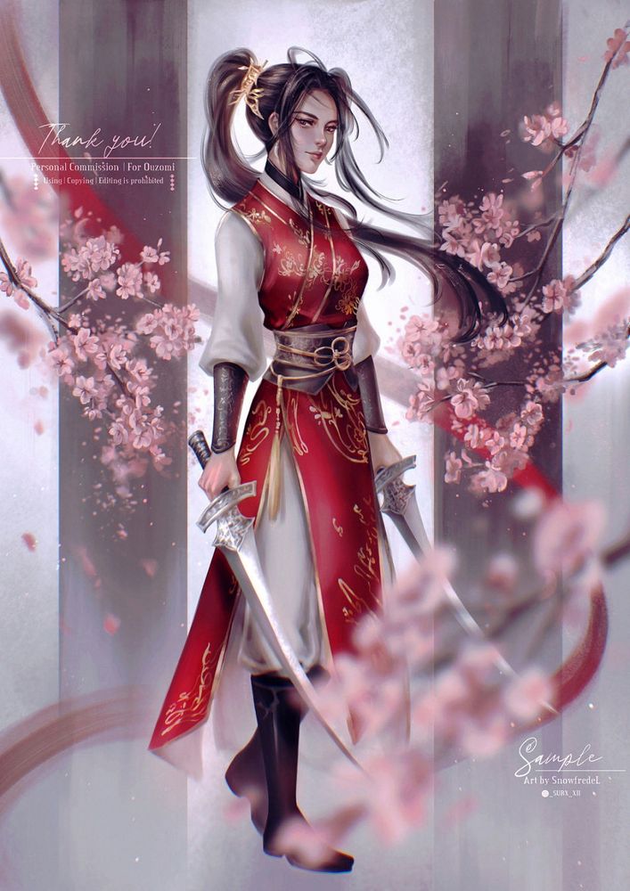 Oriental chinese warrior princess in red fighting outfit with dual swords illustration art