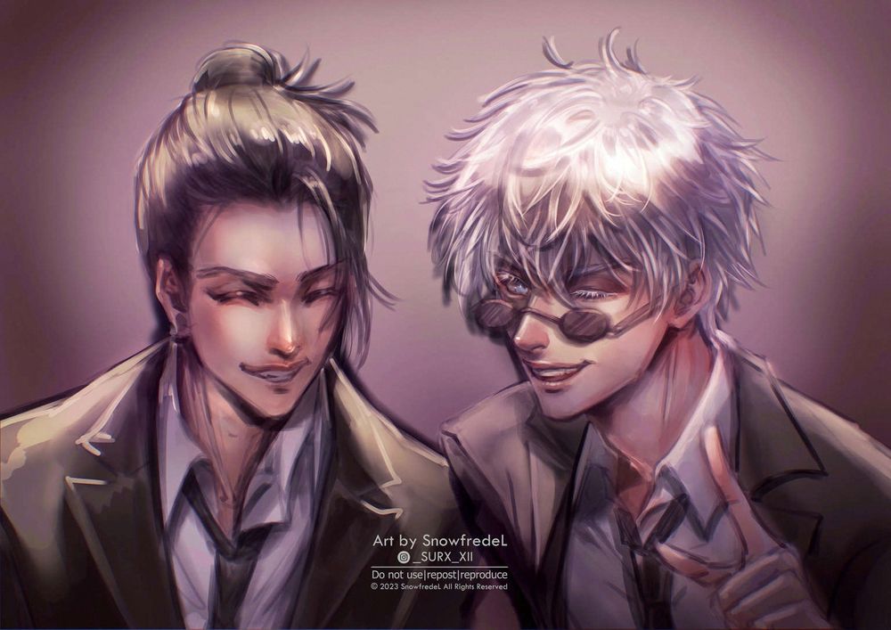 Gojo satosu and suguru geto from jjk fanart they are wearing black suit smiling