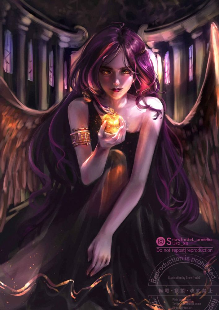 Eris goddess black angel with golden apple in her hand greek mythology illustration
