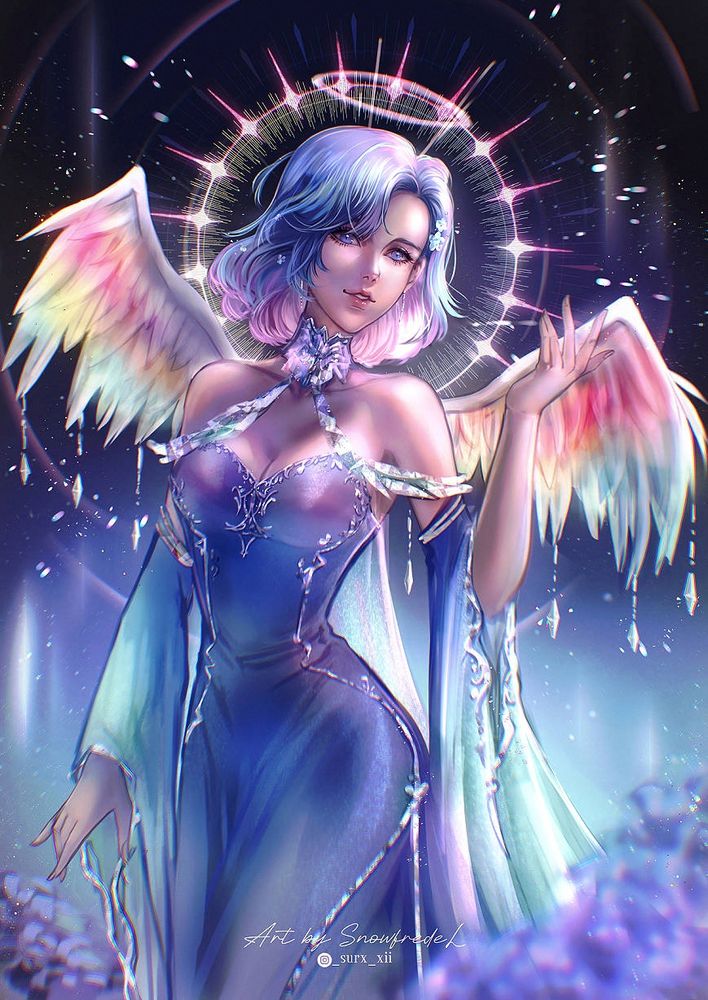 divine celestial angel with her light in rainbow colors outfit illustration art with heaven halo in blue background
