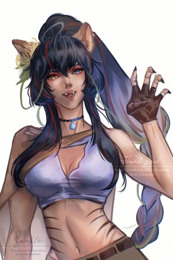 commission character art waist-up illustration of girl with tiger ears (with Tasmanian fang) for TauTassieTiger she's wearing a wanderer/fighter outfit in dnd style with long black hair and red highlight #snowfredelart