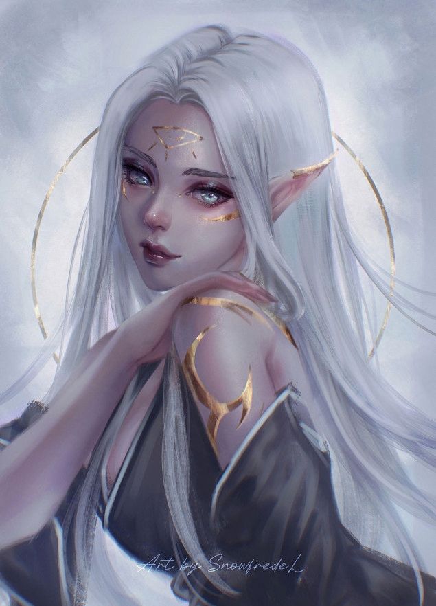 portrait painting of dark elf with white hair in oriental outfit for joesdraw activity, art by snowfredel