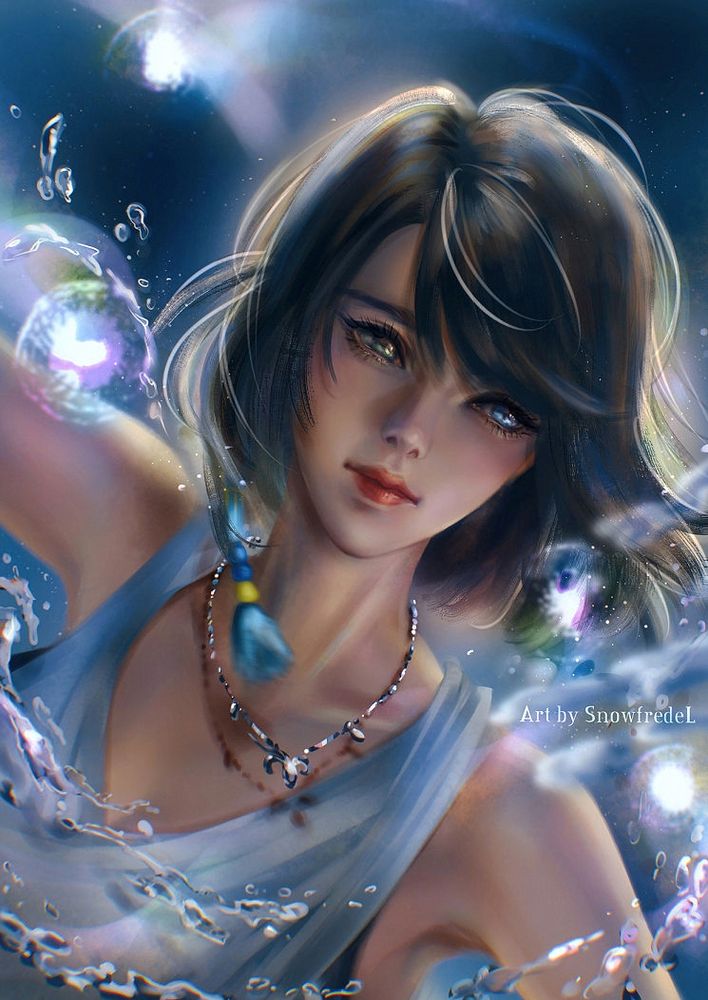dynamic painterly illustration of Yuna Final Fantasy x , FFX fanart portrait in her summoning scene 