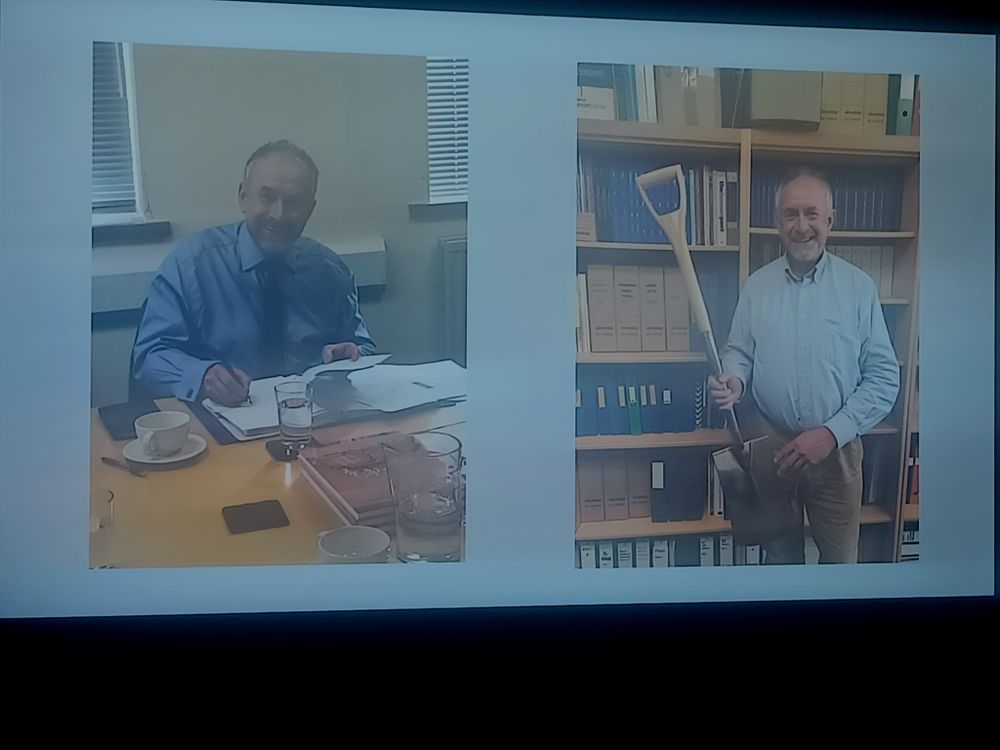 Two pictures showing Professor Tim Darvill, at his desk and with a shovel