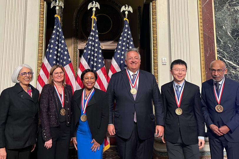 Arati Prabhakar (left), head of the White House Office of Science and Technology Policy, presented National Medals to (left to right) Professor Angela Belcher, Institute Professor Paula Hammond, Noubar Afeyan PhD '87 on behalf of Moderna, Professor Feng Zhang, and Professor Emory Brown. Not pictured: Richard Lawrence Edwards ’76. 