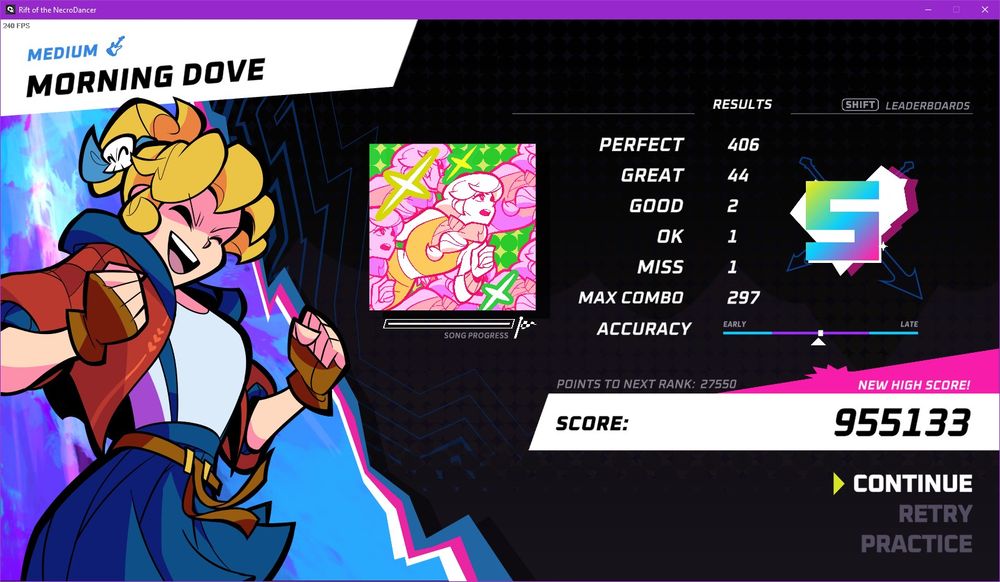 Screenshot of the game Rift of the NecroDancer, showing an S-Rank in Morning Dove on Medium with a score of 955133 points.