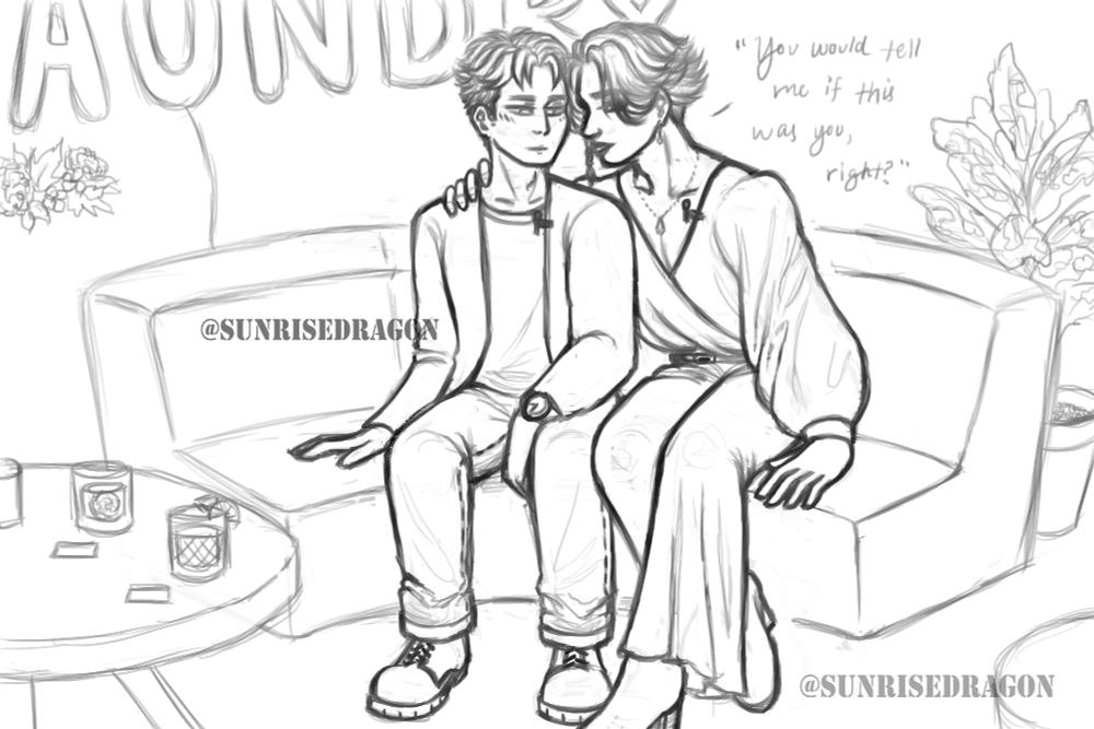 Art of actors Tetsu and Carlos sitting on a couch on the set of a game show. Carlos has one hand on Tetsu's neck around his shoulder and is leaning in to whisper "You would tell me if this was you, right?" in his ear. Whereas Tetsu's outfit is more standard with a blazer over a crew neck and jeans, Carlos's outfit is much more androgynous with billowing sleeves and flowy pants over boots. 