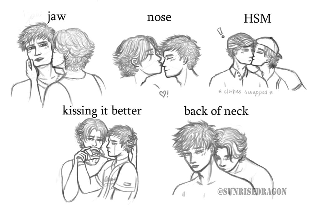Five different sketches of Carlos kissing Tetsu labeled "on the jaw, on the nose, High School Musical, kissing it better, and back of neck."
