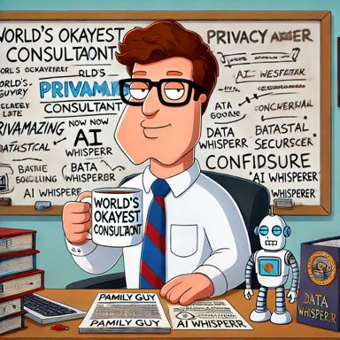 Family Guy-style animated portrait of a professional in a humorous office setting, holding a coffee mug labeled ‘World’s Okayest Consultant.’ The scene is filled with quirky details, including a robot toy, legal books with funny titles, and a whiteboard featuring humorous privacy-related word mashups like ‘Privamazing’ and ‘Confidensure.’ The character exudes a lighthearted and funny