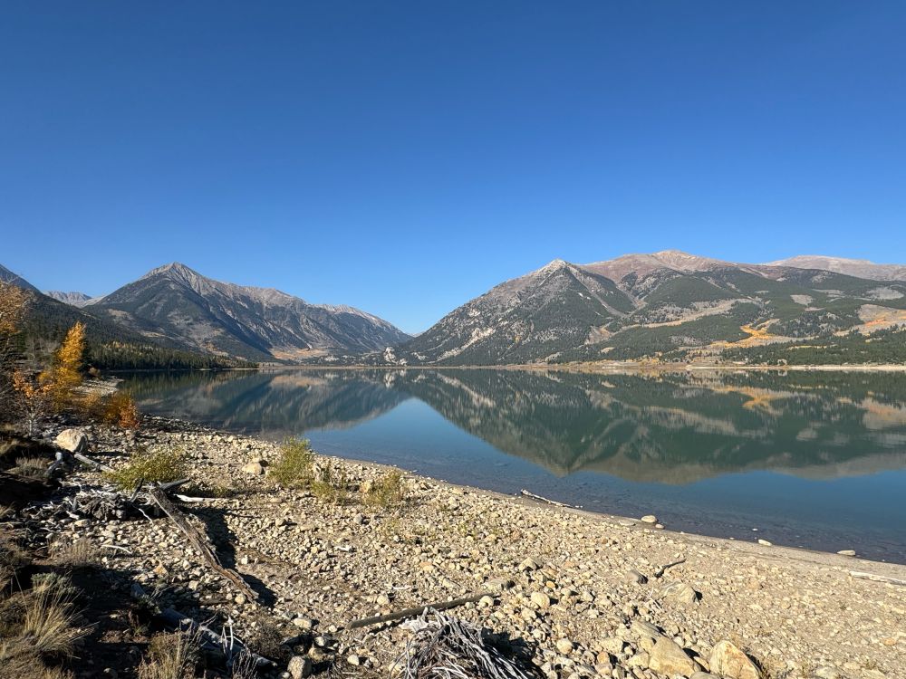 Rocky Mountains reflected in Twin Lakes, Colorado. October 2024. 