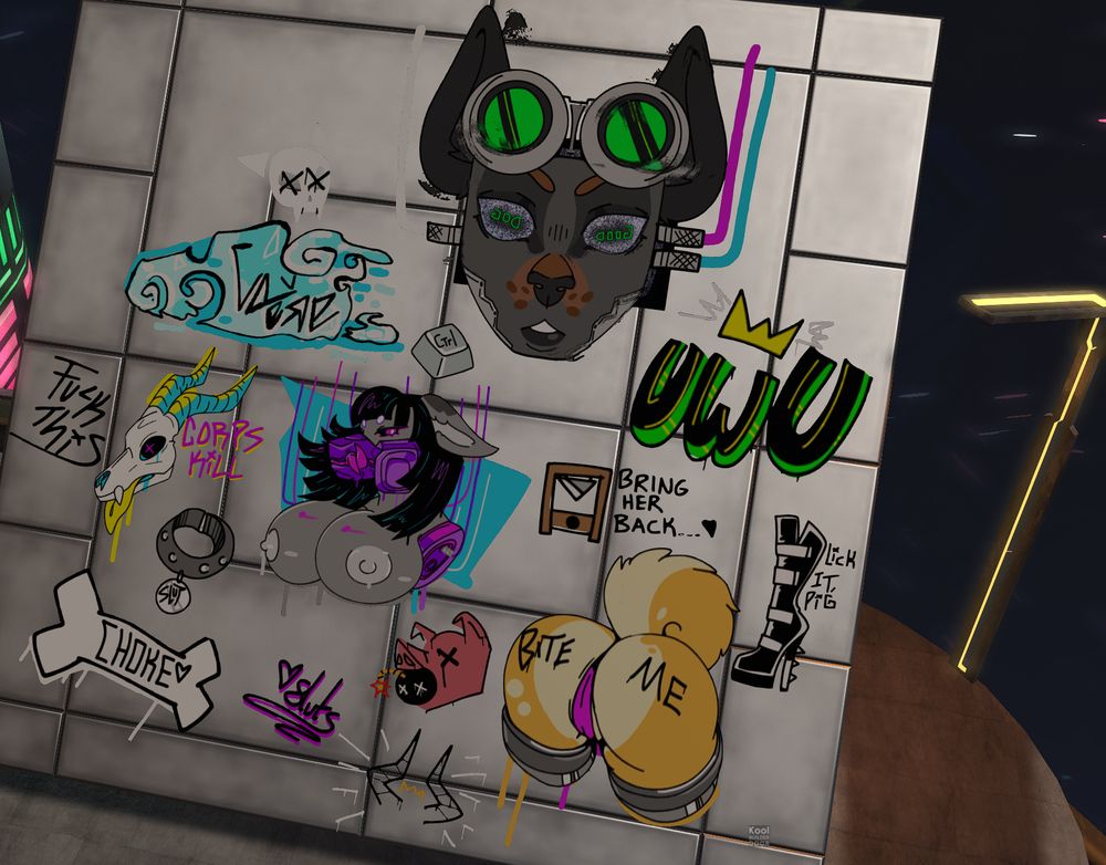 An image of anthro graffiti themed in the dystopian category of Cyberpunk - cyborgs, perversion and a lot of swearing.