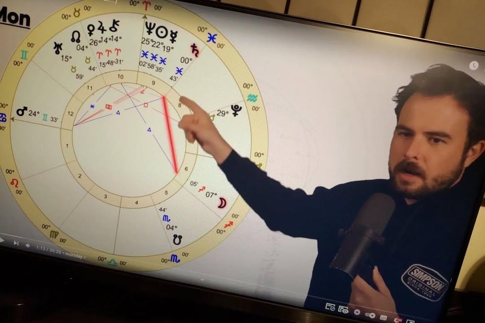 guy with a mic pointing to a zodiac wheel for future forecast 