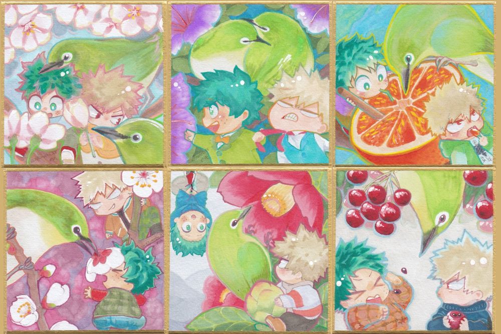 【メジロさんとサクラ】　桜の蜜の吸い方を教わる。毟ったらちょっと怒られた。
【メジロさんとツツジ】　「懐かしいねツツジ！小さい頃蜜を吸ったよね！」メジロのカップルは一生続くんだよ。
【メジロさんとミカン】　切ったものを木の枝に刺しておくと来るかも。メジロさん突く力は弱くて自力で皮を破れないので、農家的にはわりと無害。
【メジロさんとサンザシ】　種は毒あるけど実は食べられる。美味しいとは言ってない。
【メジロさんとツバキ】　ツバキの花弁ってなかなか綺麗なものが見つからないけど、それはメジロさんが蜜を吸う時掴んでるからです。
【メジロさんとウメ】　梅の花は良い香りだよ〜と言いたいメジロさんの善意