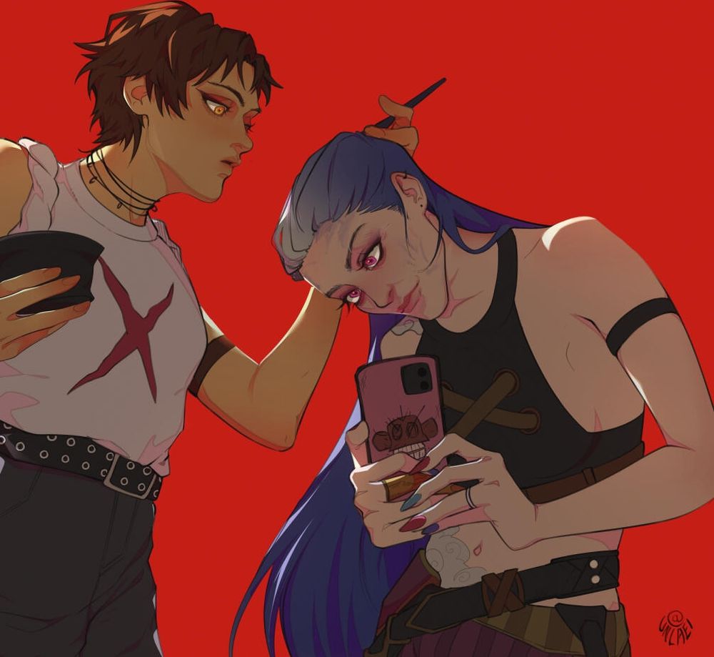 Bright red background, isha grown up on the left, she is dying jinx's hair as the latter is bending and taking a pixture of it; her phone case featuring her signature monkey facing us
