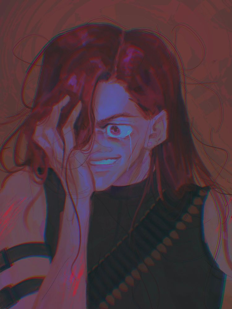 A messy illustration of a girl going through it. She's holding/hiding the left side of her face with her hand ans red hair, there's some splashes of blood on her arms and she's crying through clenched teeth