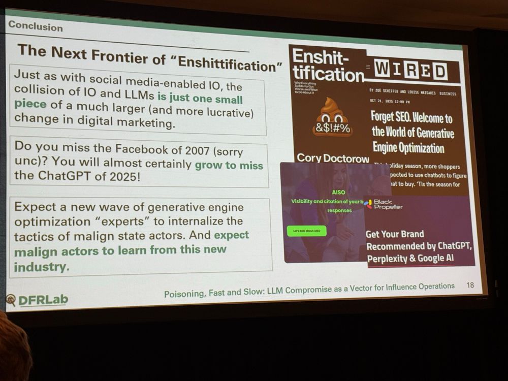A slide at CYBERWARCON from Emerson T. Brooking with images of article headlines that point to enshittification and predictions on how AI is the next frontier of enshittification.